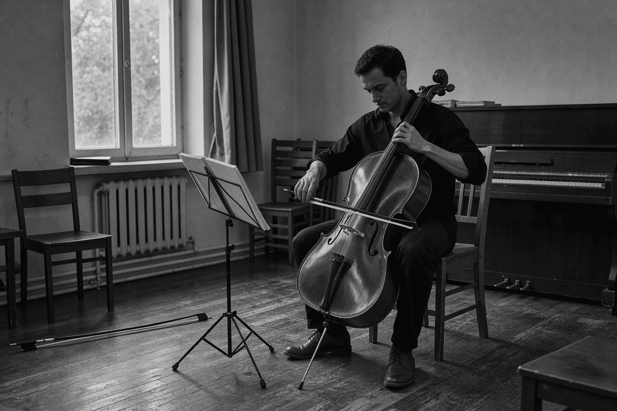A moody black and white portrait of a cellist in a dim rehearsal room, face in shadow, fine grain