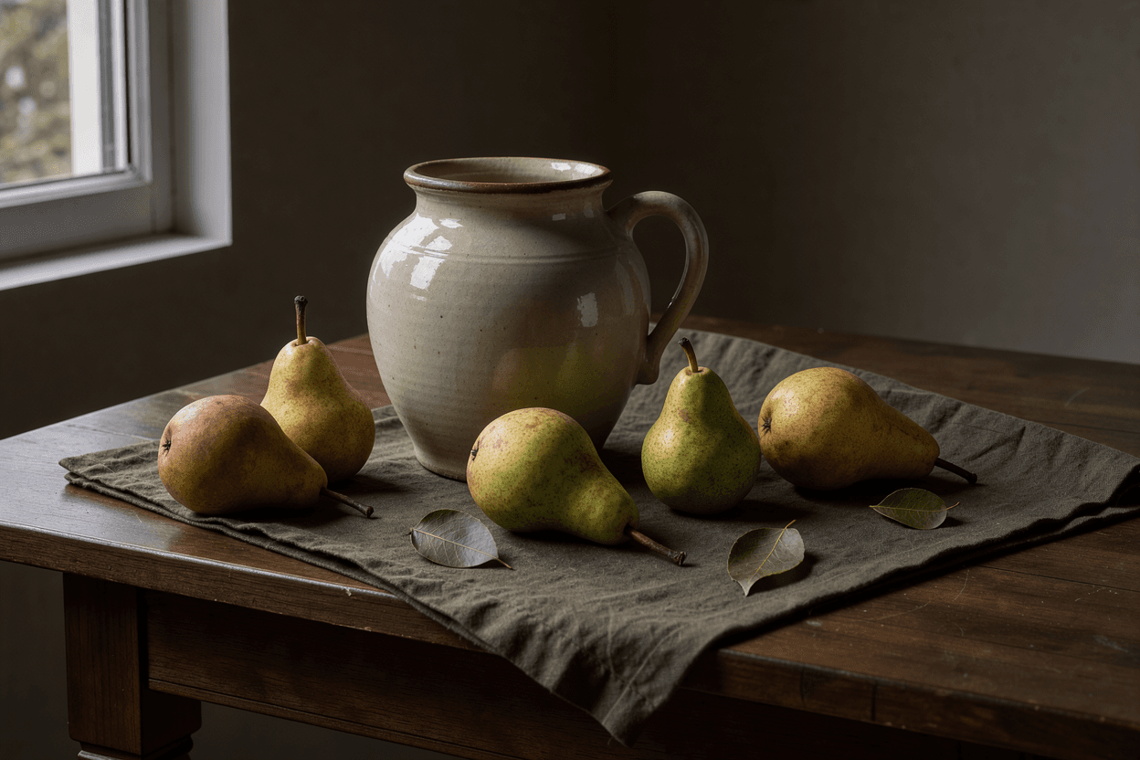 A still life of pears and a jug on a dark table in Dutch painting light